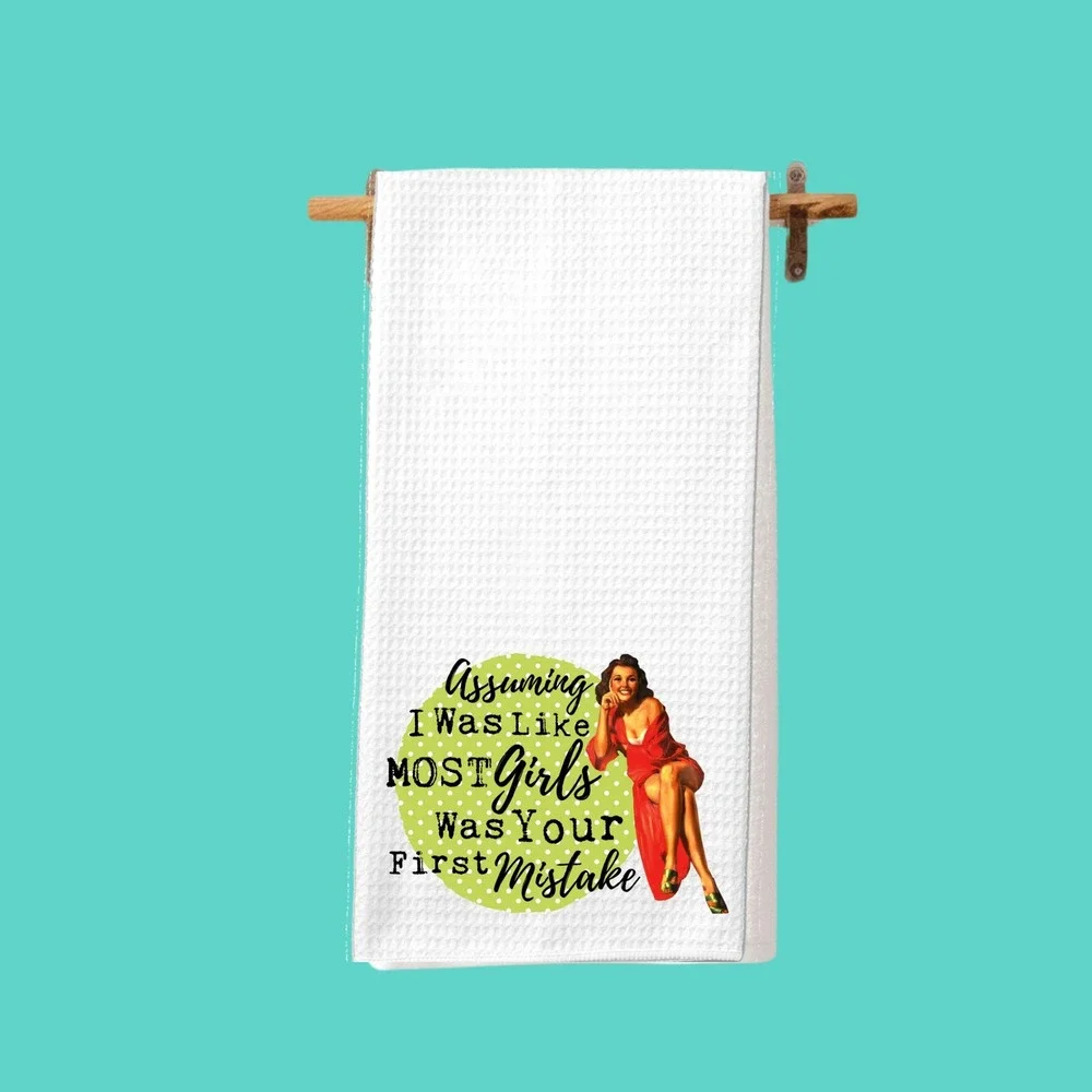 Retro Pinup Girl Waffle Weave Kitchen Towel Sassy Sarcastic Quote White 16x24